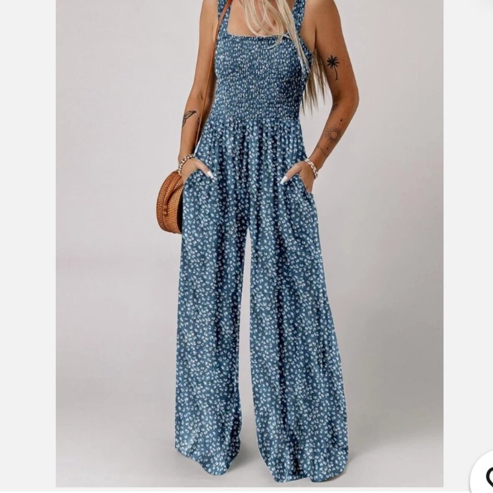 Dokotoo Blue Floral Smocked Wide Leg Jumpsuit Size 2X